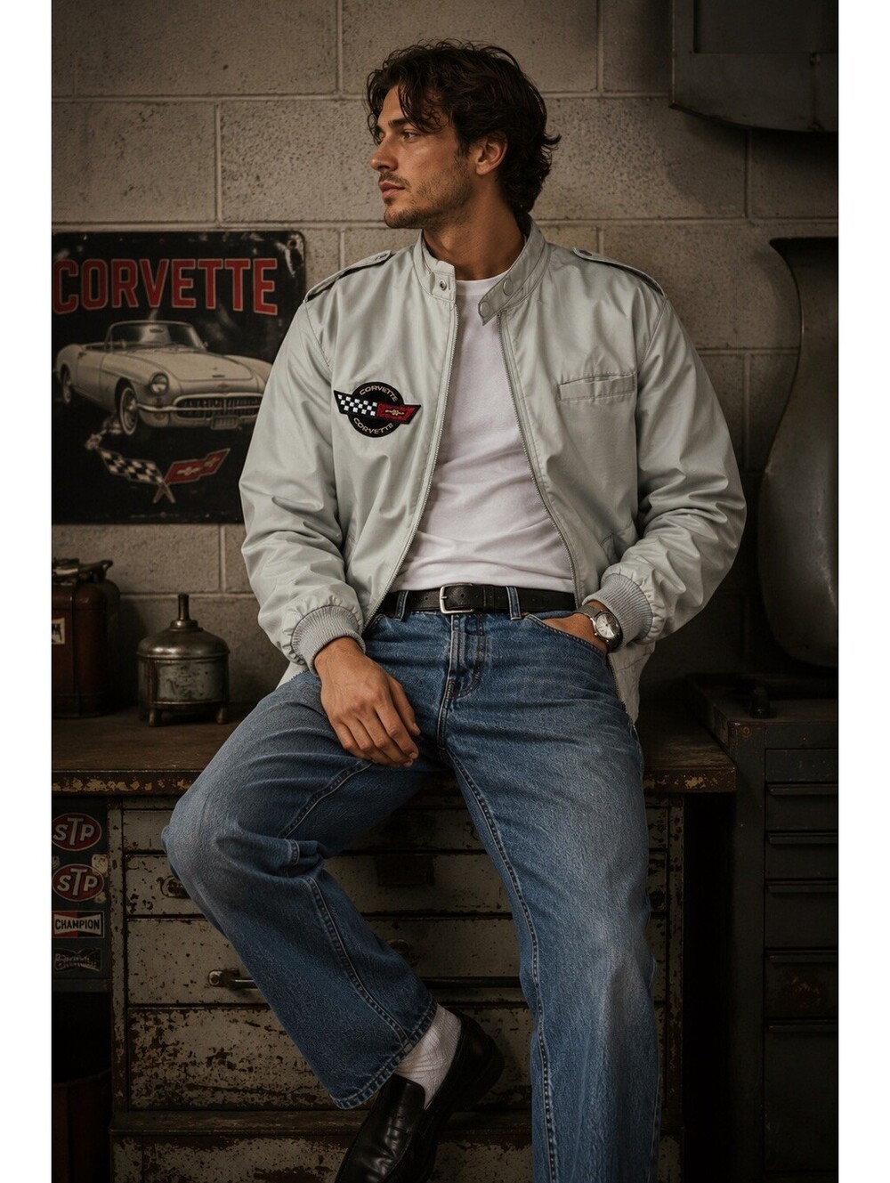Vintage Corvette Racing Jacket USA Y2K Bomber Gray